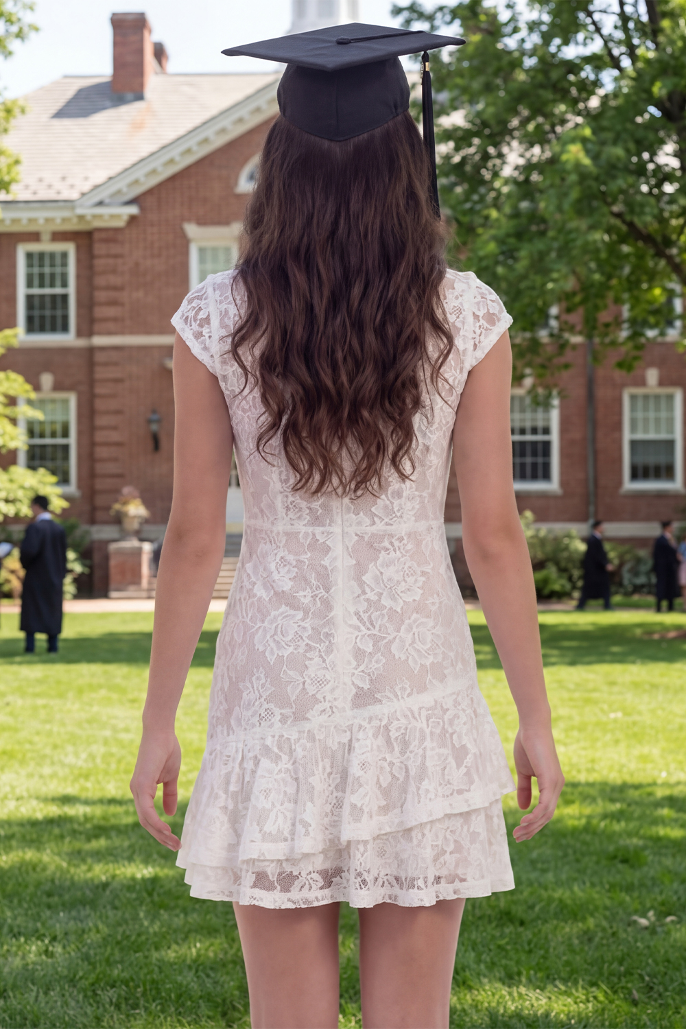 White Lace Bodycon Round Neck Short Ruffled Graduation Dress