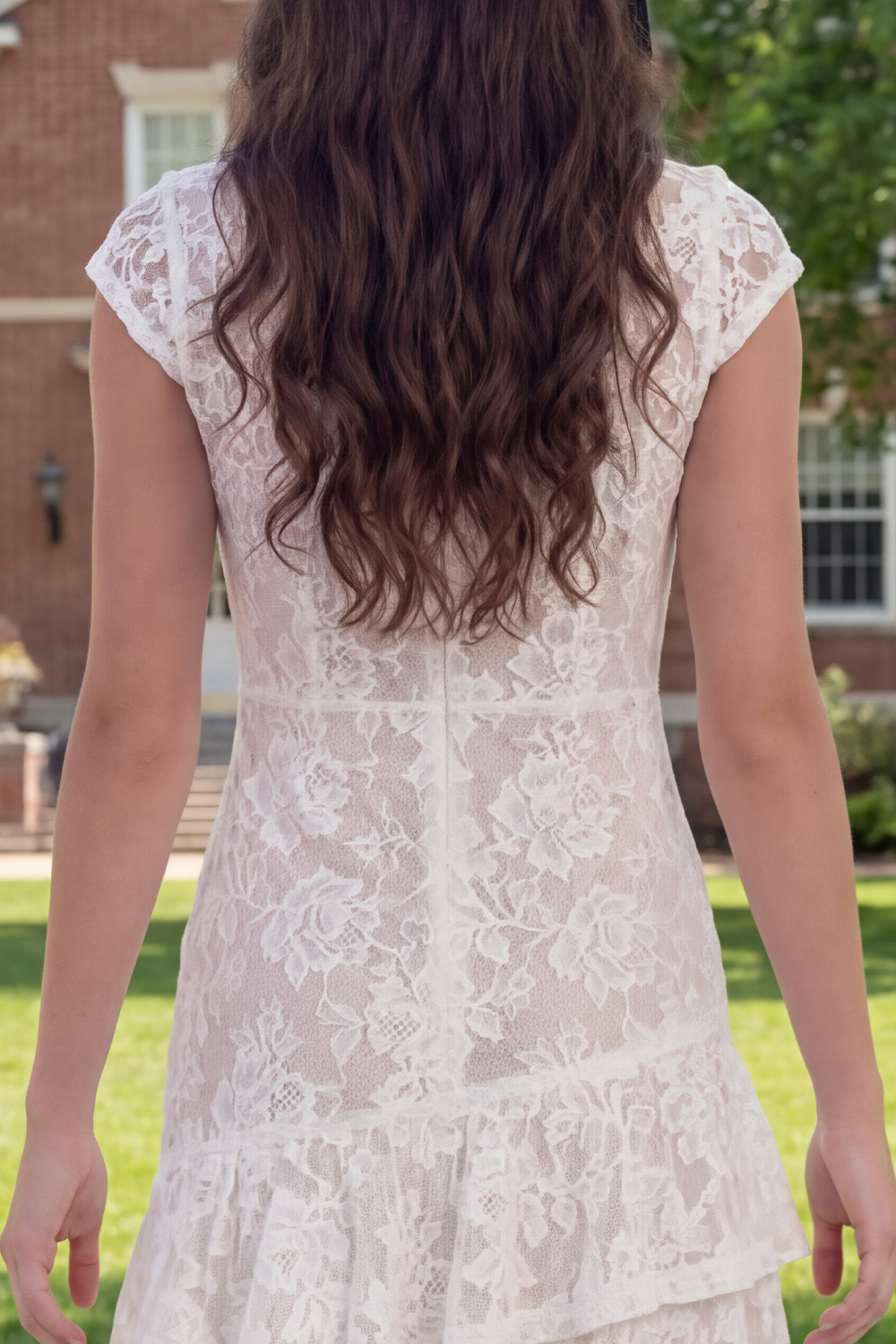 White Lace Bodycon Round Neck Short Ruffled Graduation Dress