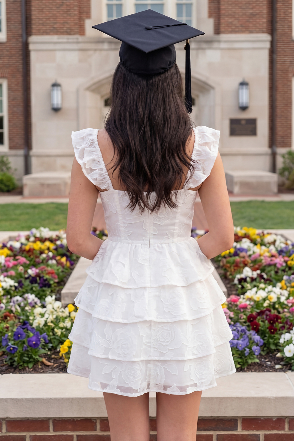 White A Line Ruffled Jacquare Floral Short Graduation Dress
