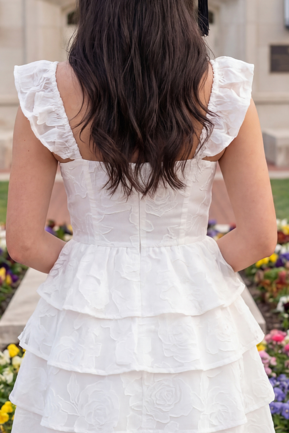 White A Line Ruffled Jacquare Floral Short Graduation Dress