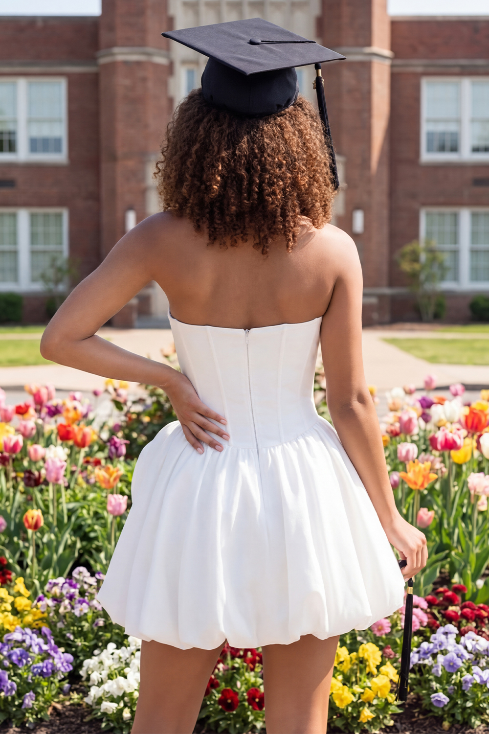White Strapless Short A Line Corset Graduation Dress with 3D Flower