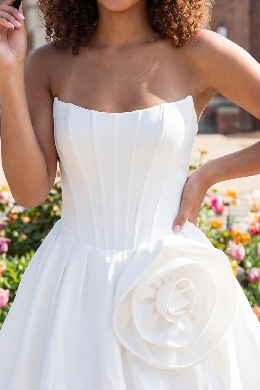 White Strapless Short A Line Corset Graduation Dress with 3D Flower