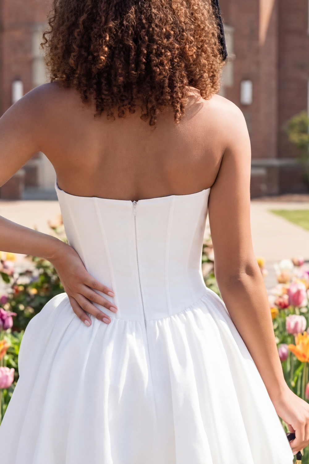 White Strapless Short A Line Corset Graduation Dress with 3D Flower