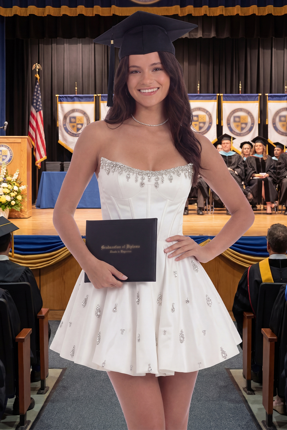 Sparkly White A Line Strapless Short Corset Graduation Dress with Rhinestones