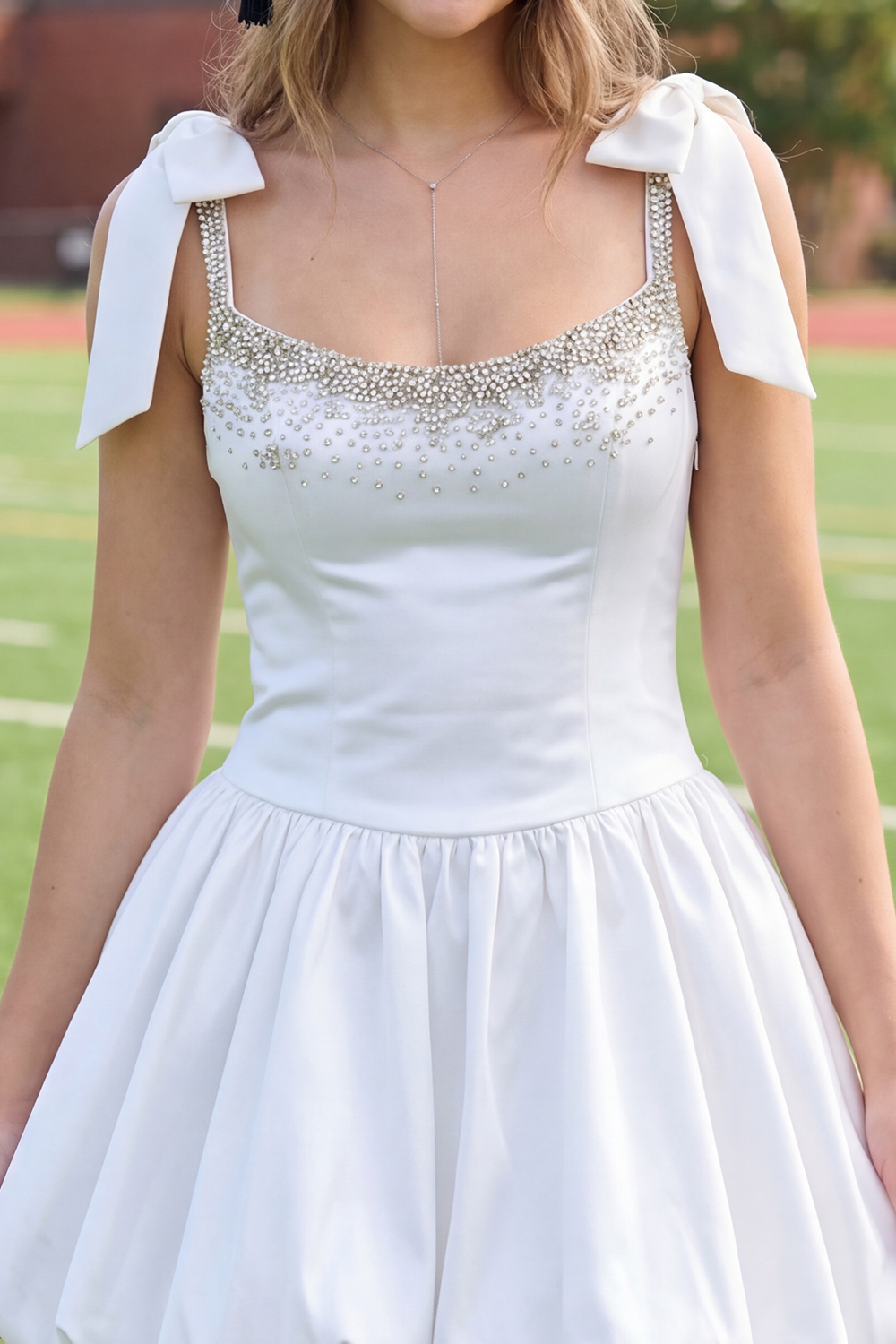 Sparkly White A Line Beaded Satin Short Corset Graduation Dress with Bows
