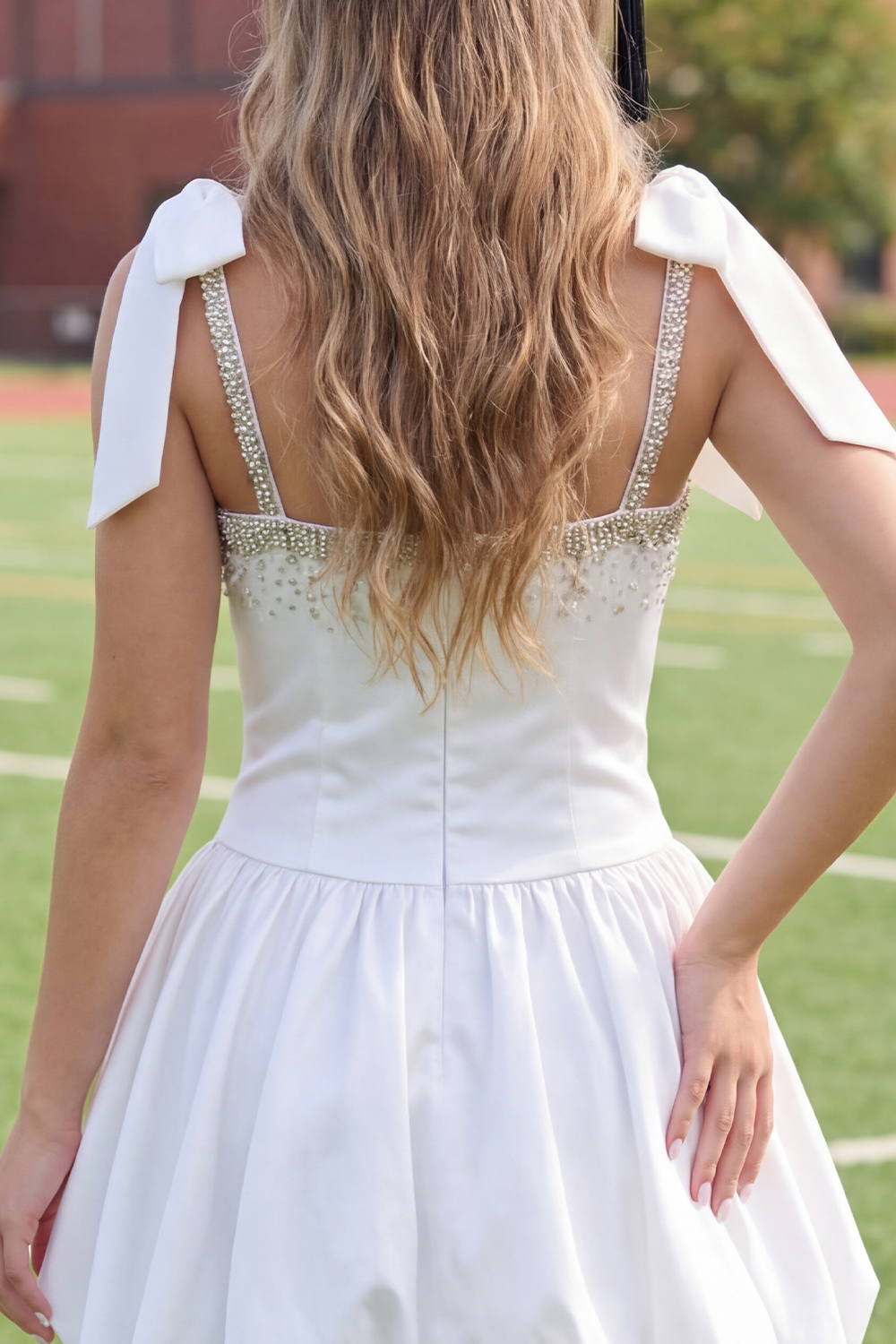 Sparkly White A Line Beaded Satin Short Corset Graduation Dress with Bows