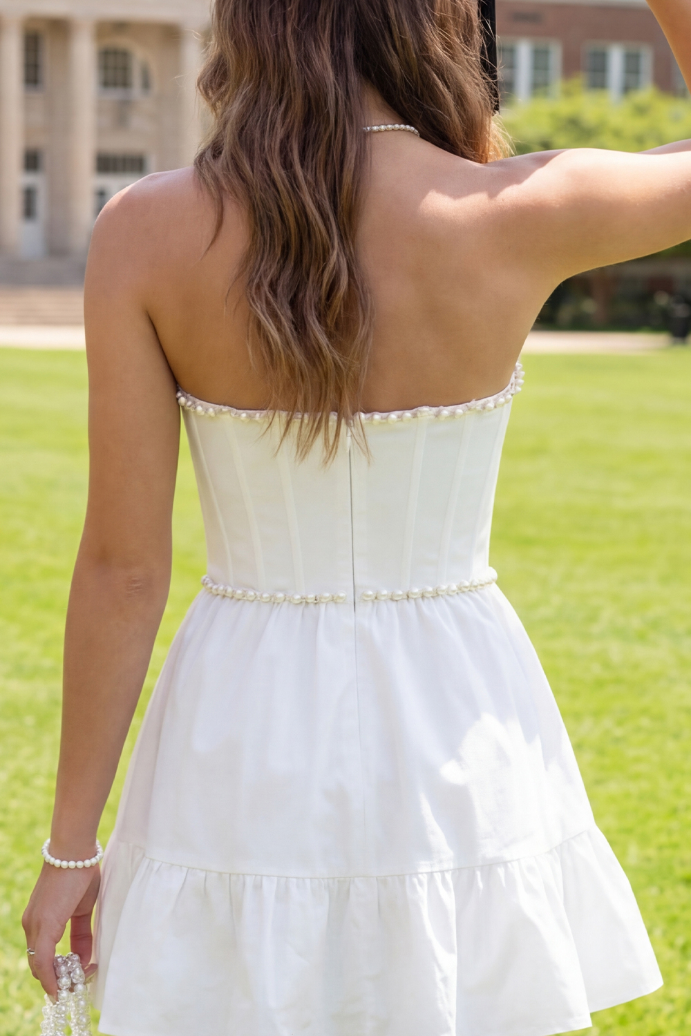 White A Line Sweetheart Corset Short Graduation Dress with Pearls
