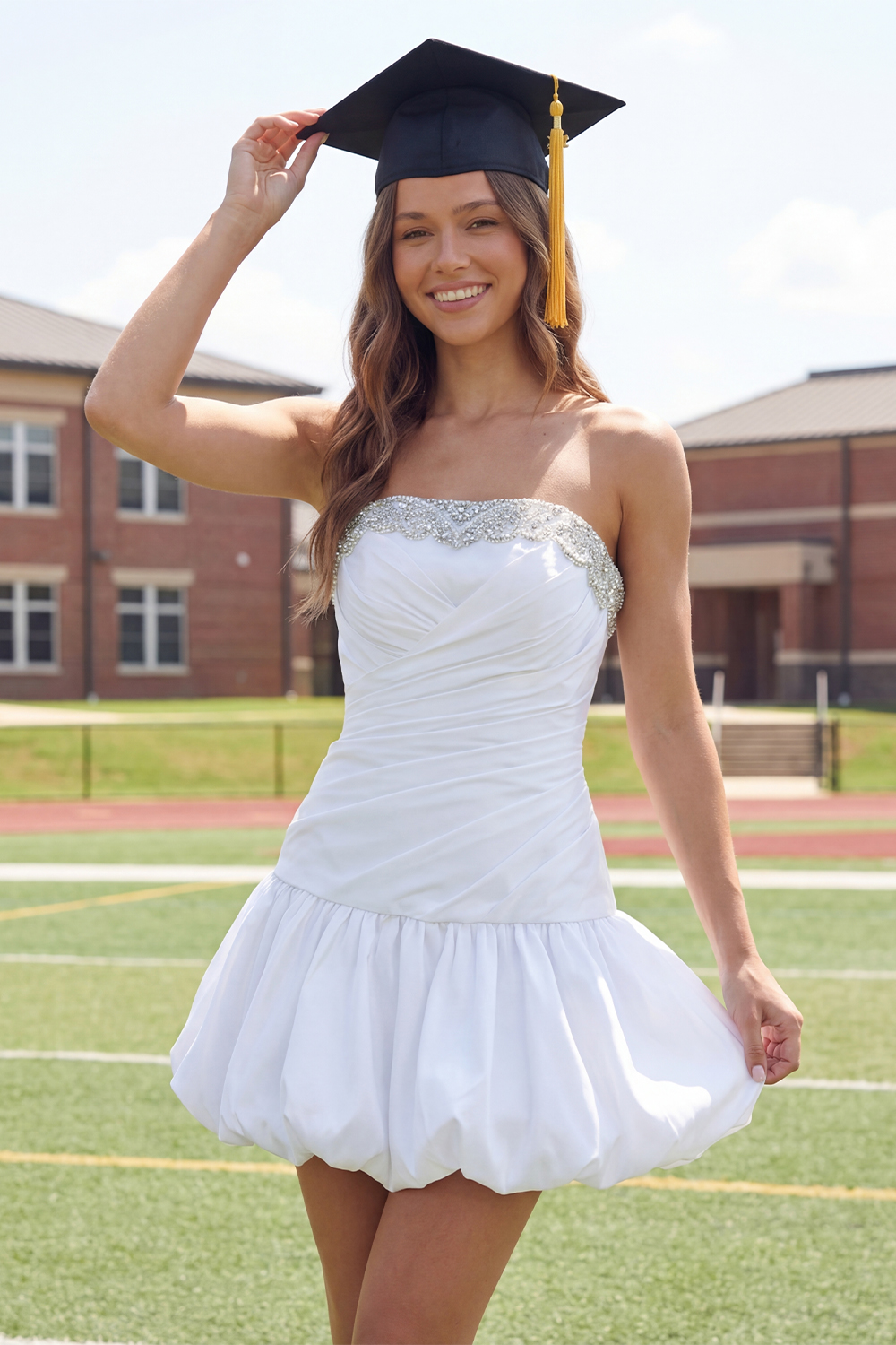 Sparkly White A Line Ruched Beaded Short Graduation Dress