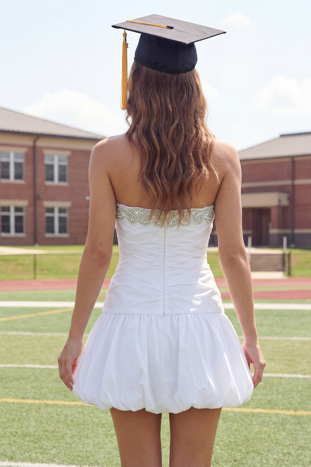 Sparkly White A Line Ruched Beaded Short Graduation Dress