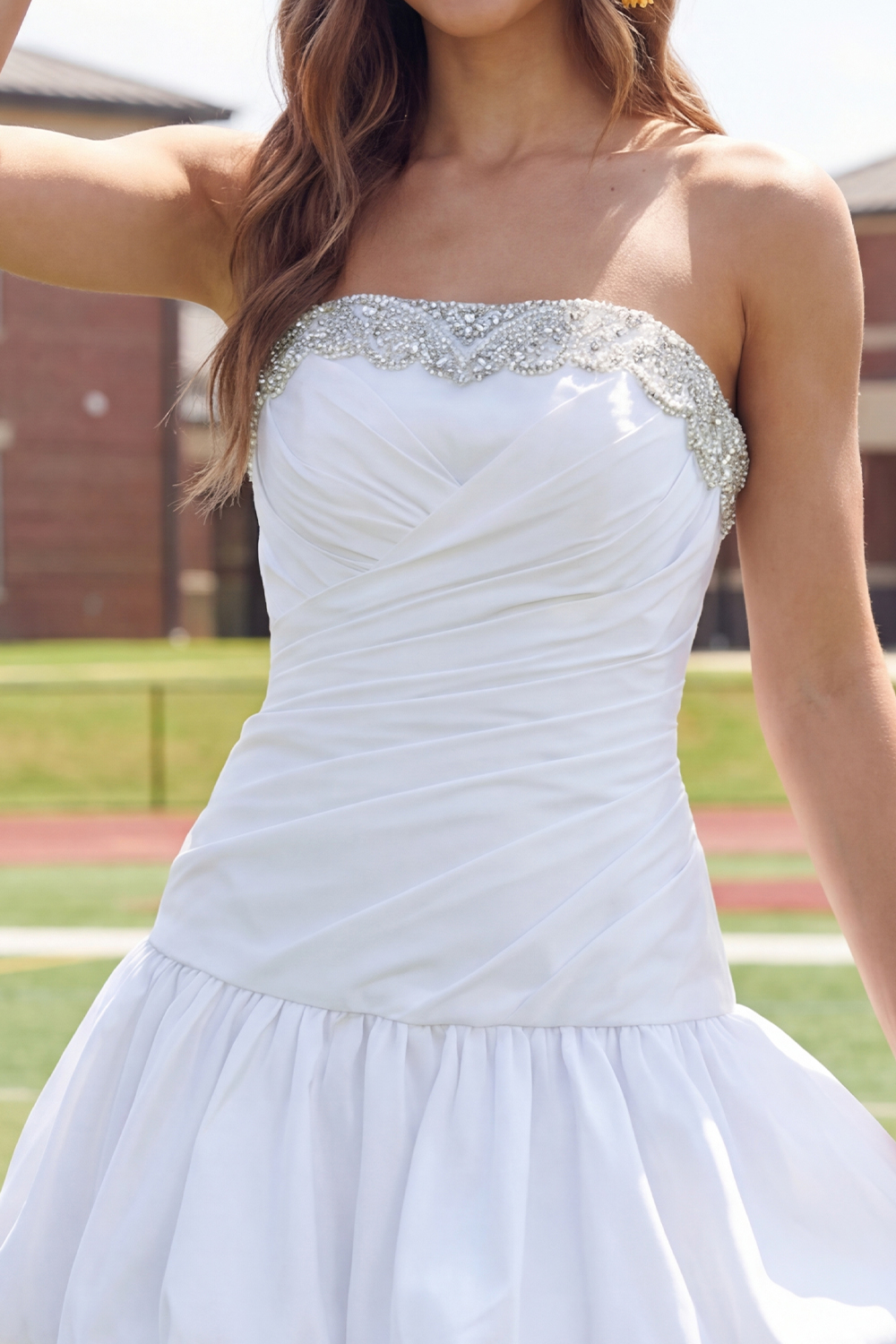 Sparkly White A Line Ruched Beaded Short Graduation Dress