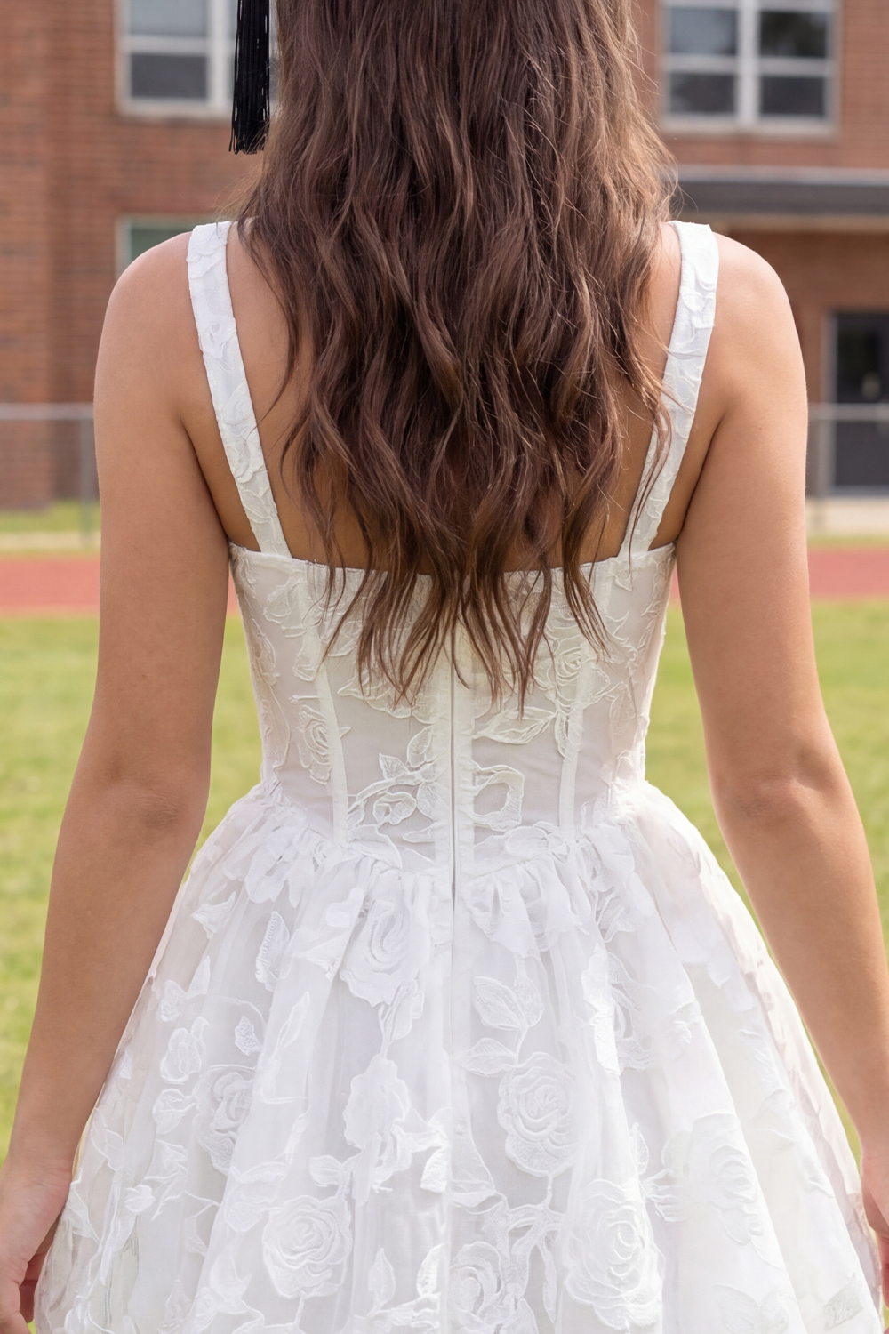 White Lace Thick Straps Short Corset Graduation Dress