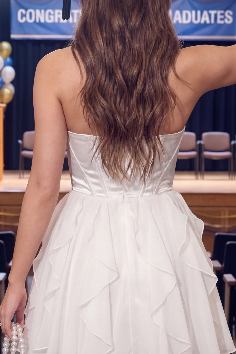 White Corset Keyhole Short Corset Graduation Dress with Ruffles