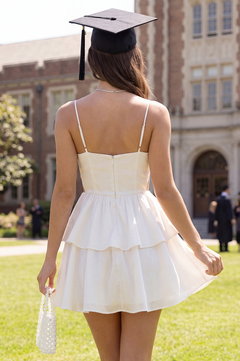 White Spaghetti Straps A Line Short Ruffled Graduation Dress