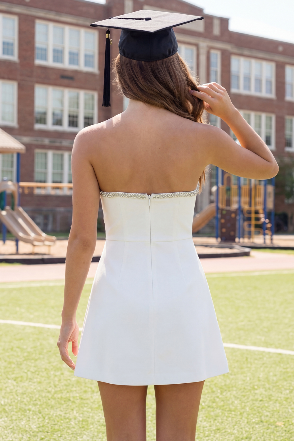 Sparkly White A Line Beaded Short Graduation Dress with Bows