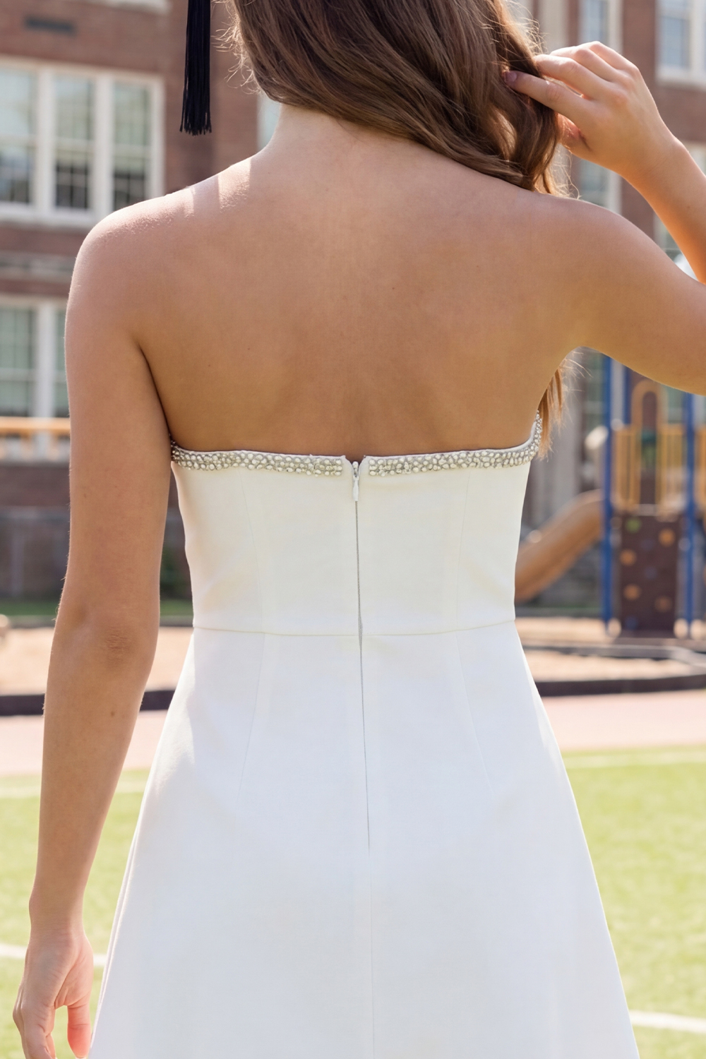 Sparkly White A Line Beaded Short Graduation Dress with Bows