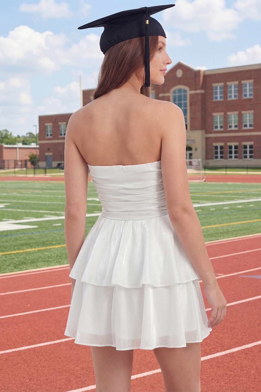 White Ruffled Ruched Strapless Short Graduation Dress