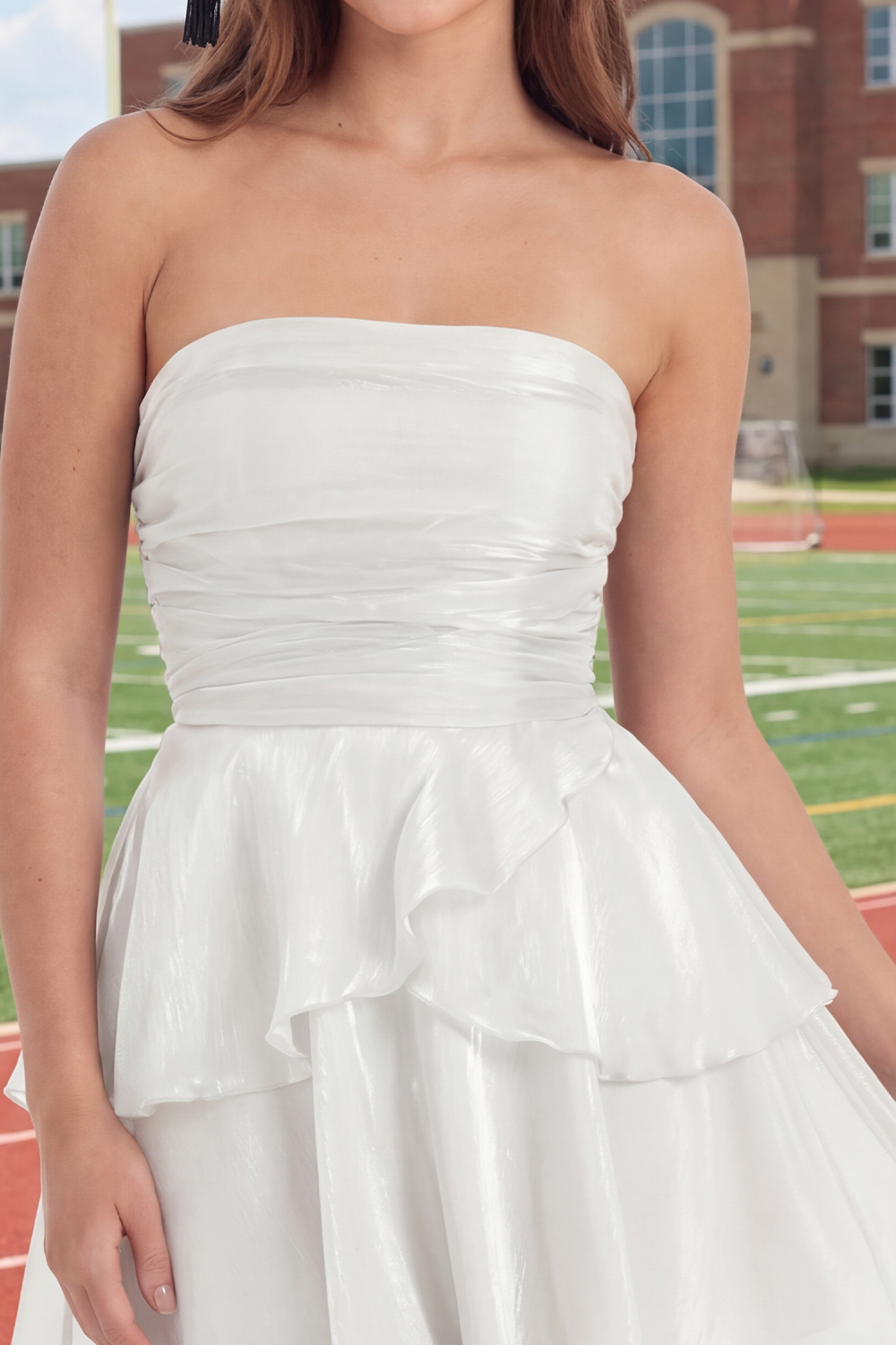 White Ruffled Ruched Strapless Short Graduation Dress
