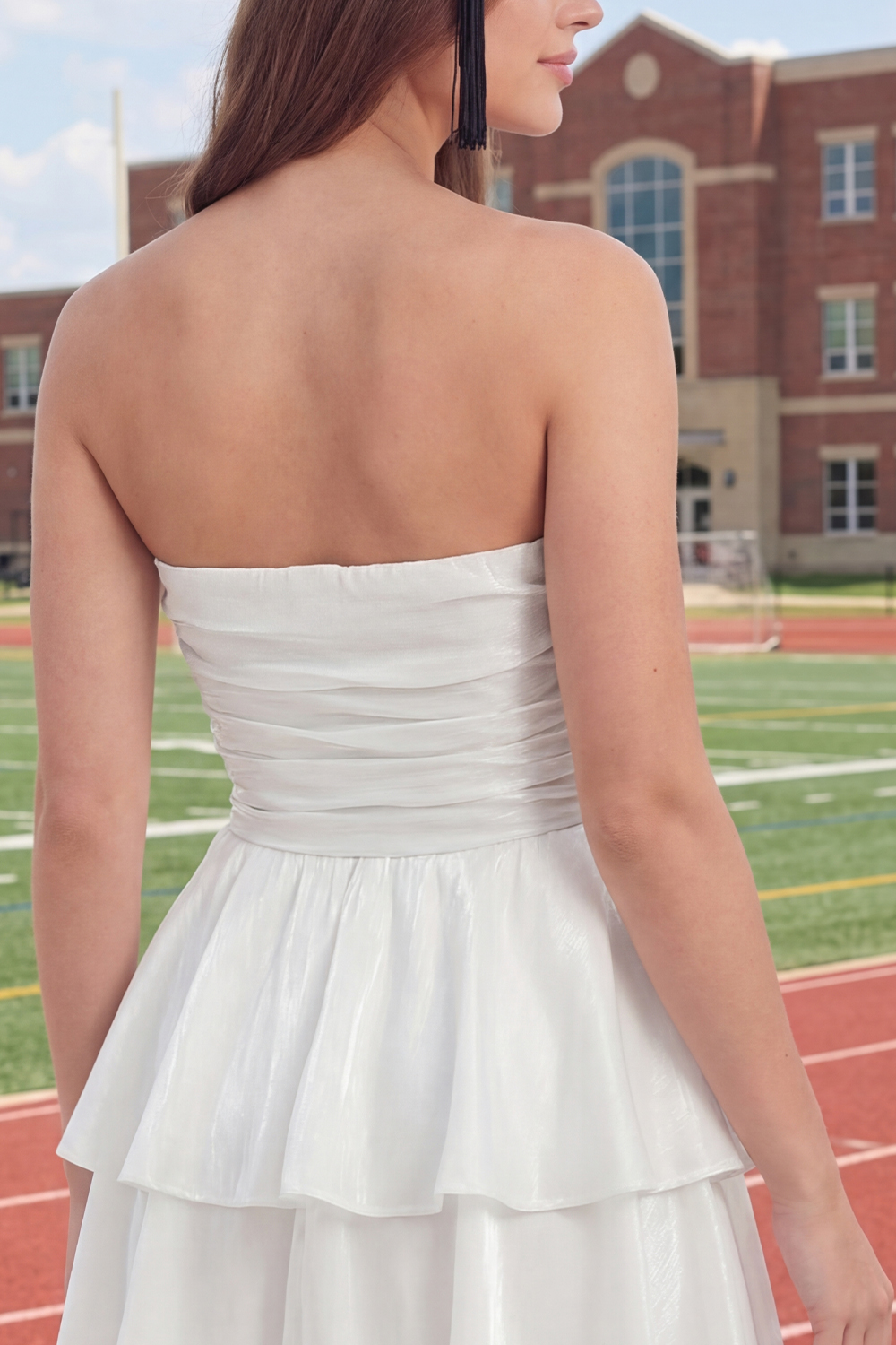 White Ruffled Ruched Strapless Short Graduation Dress
