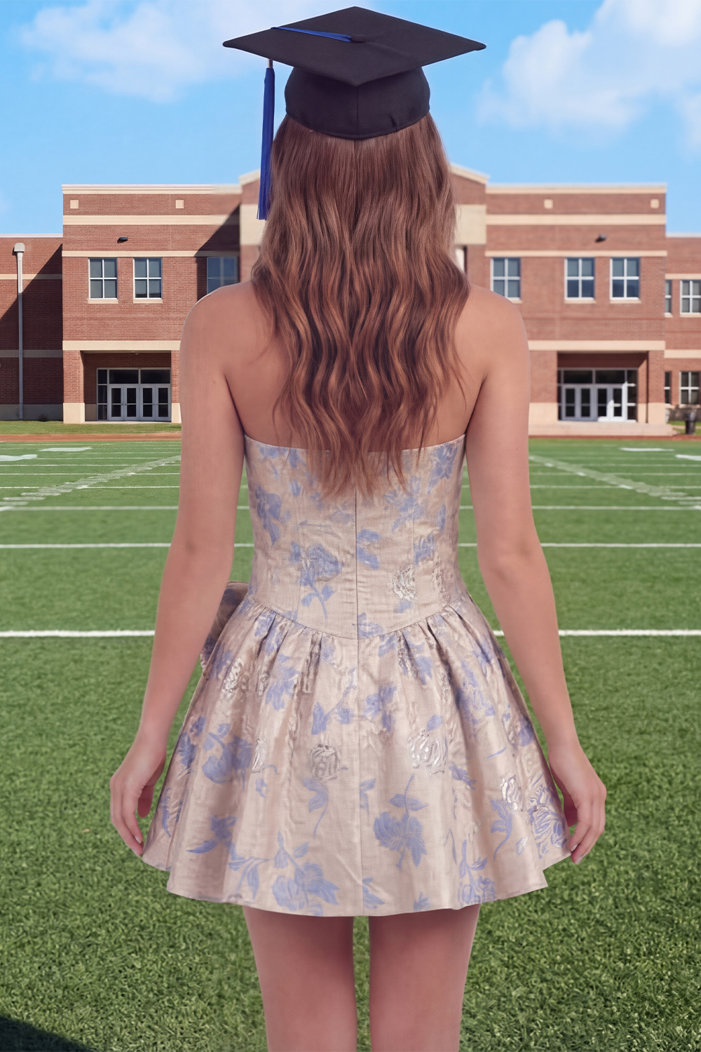 Grey Blue Jacquare A Line Floral Short Graduation Dress with Bow