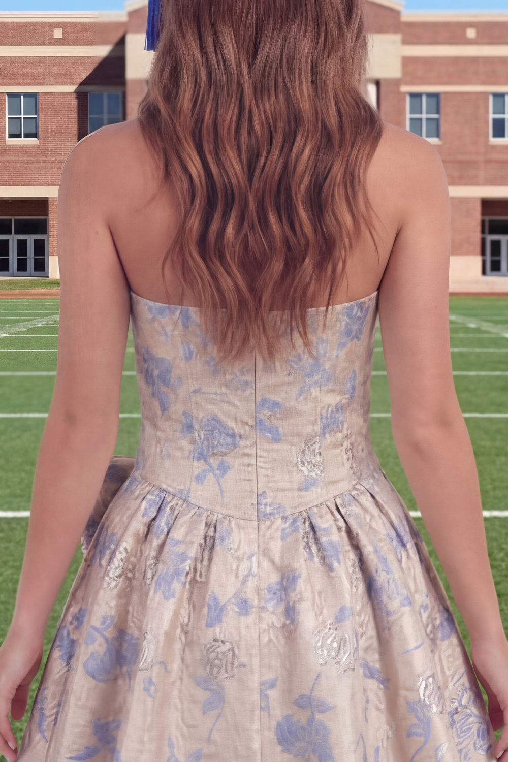 Grey Blue Jacquare A Line Floral Short Graduation Dress with Bow