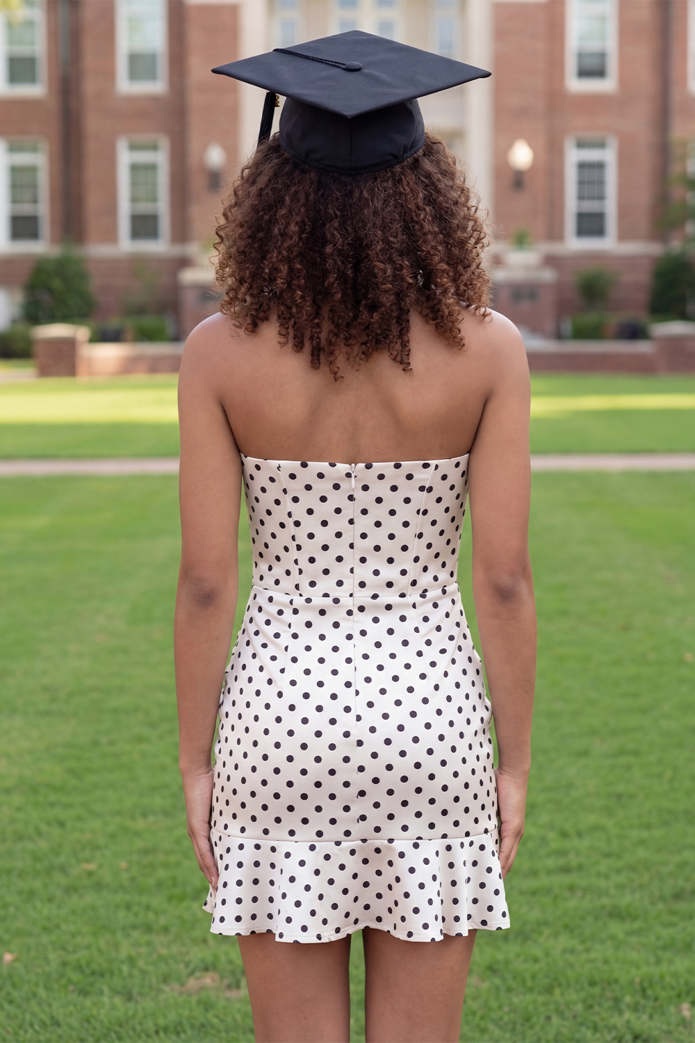 White Black Dot Sweetheart Satin Short Corset Graduation Dress with Ruffles