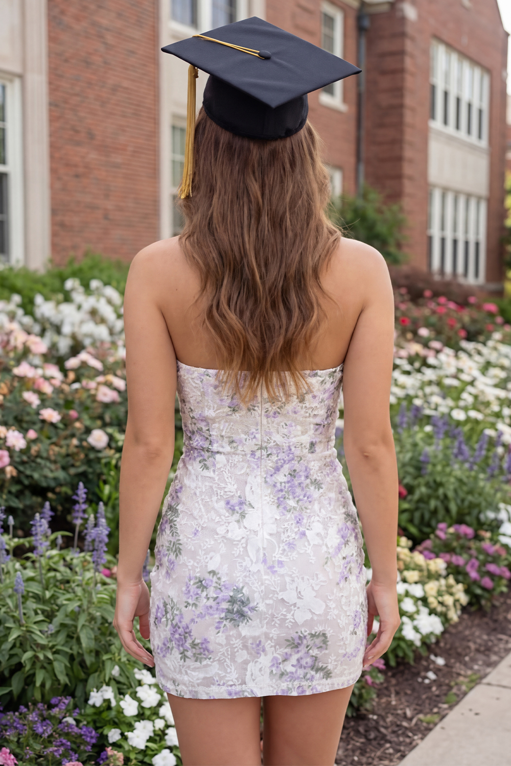 White Purple Flower Strapless Keyhole Bodycon Short Graduation Dress