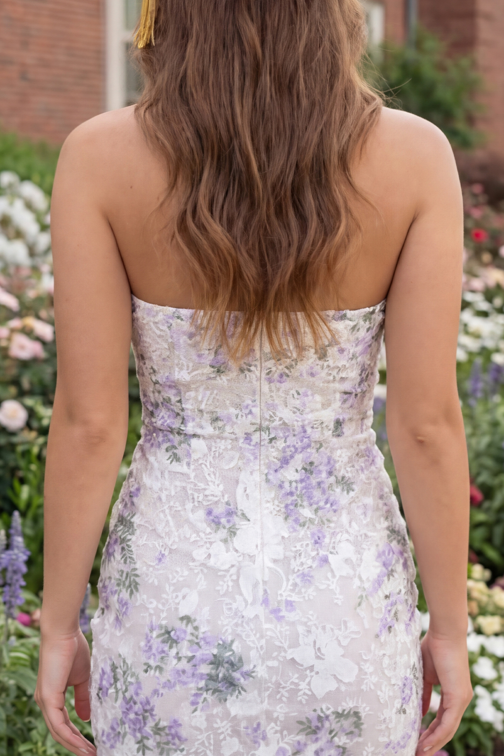 White Purple Flower Strapless Keyhole Bodycon Short Graduation Dress