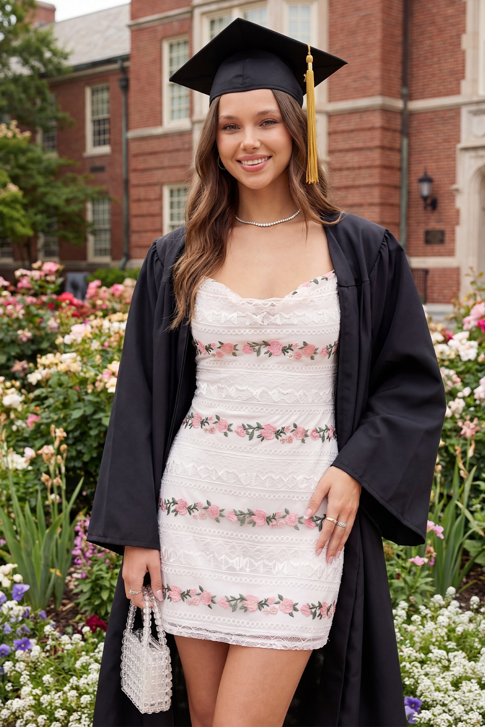 Sparkly White Floral Lace Spaghetti Straps Short Graduation Dress with Beading