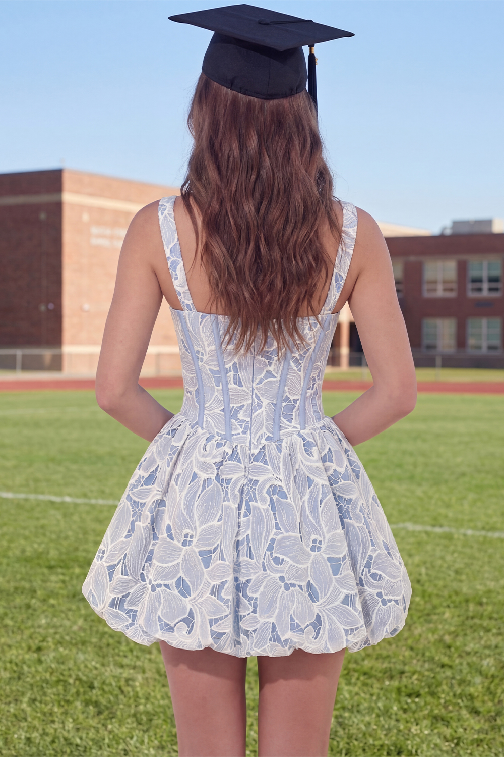 White Blue Floral Corset A Line Short Graduation Dress 