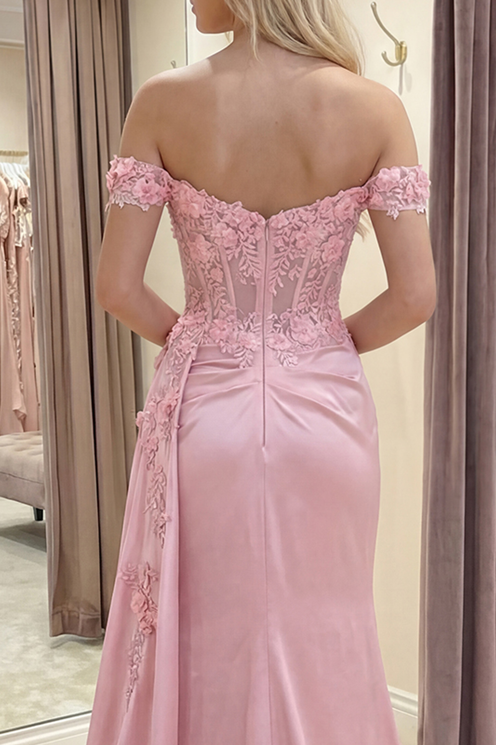 Pink Floral Off the Shoulder Mermaid Long Corset Prom Dress with Side Cape