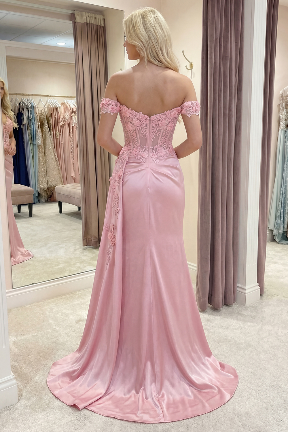 Pink Floral Off the Shoulder Mermaid Long Corset Prom Dress with Side Cape