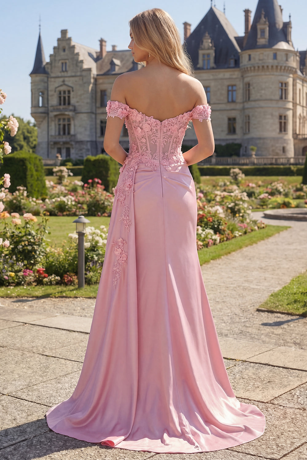 Pink Floral Corset Satin Mermaid Long Prom Dress with Side Cape