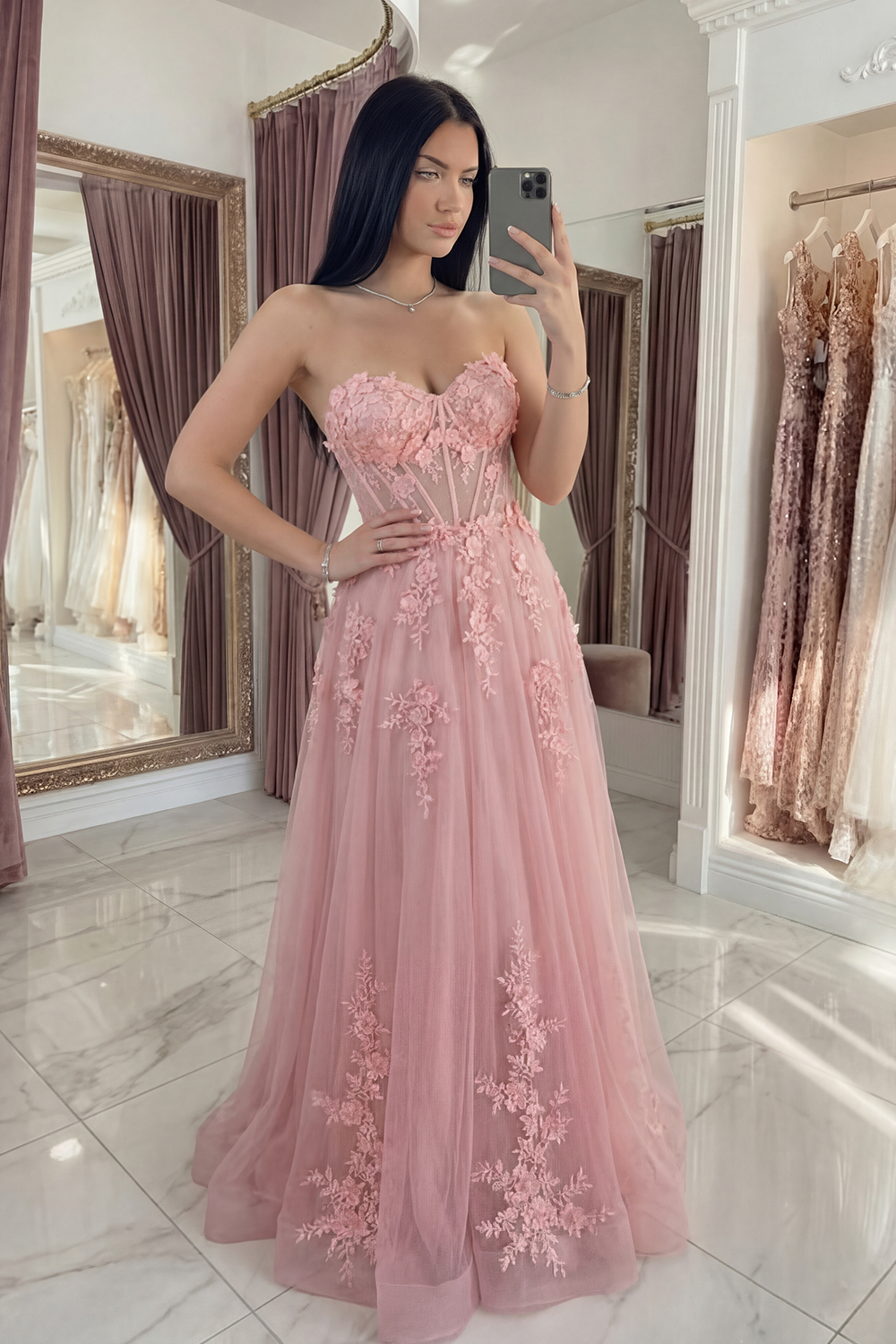 Pink A Line Strapless Floral Corset Long Prom Dress