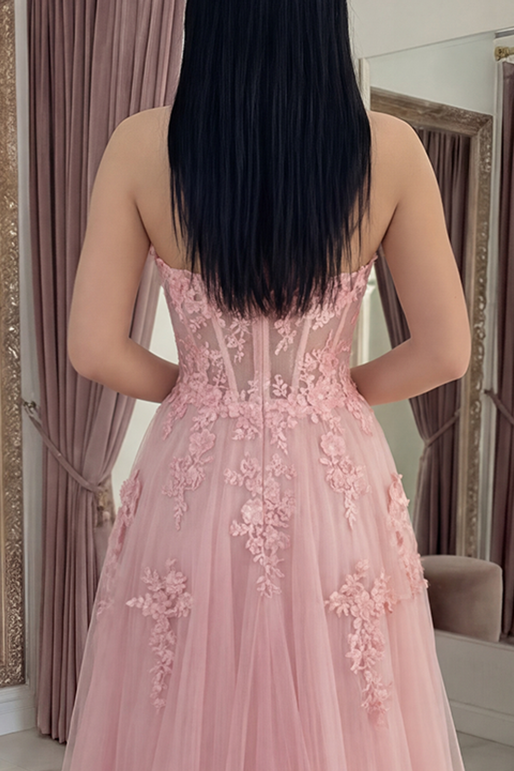 Pink A Line Strapless Floral Corset Long Prom Dress