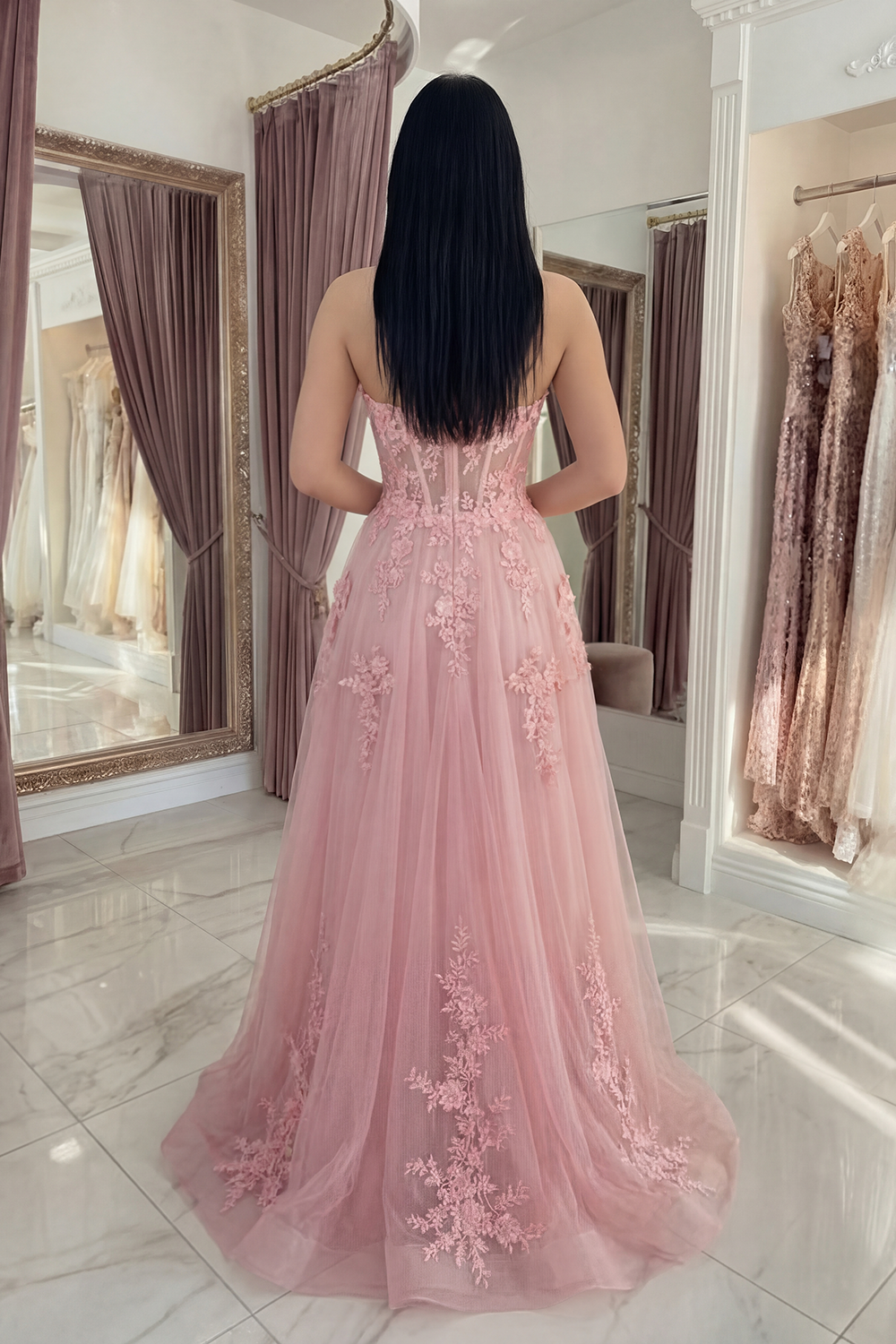 Pink A Line Strapless Floral Corset Long Prom Dress