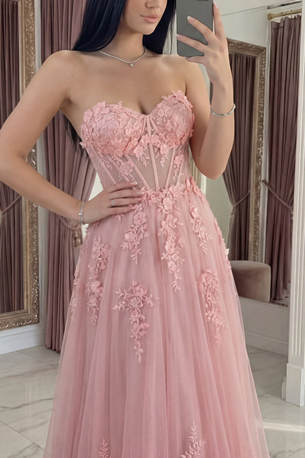 Pink A Line Strapless Floral Corset Long Prom Dress