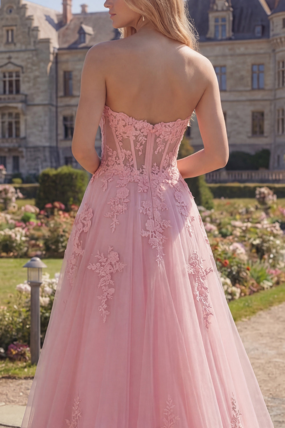 Pink A Line Strapless Floral Corset Long Prom Dress