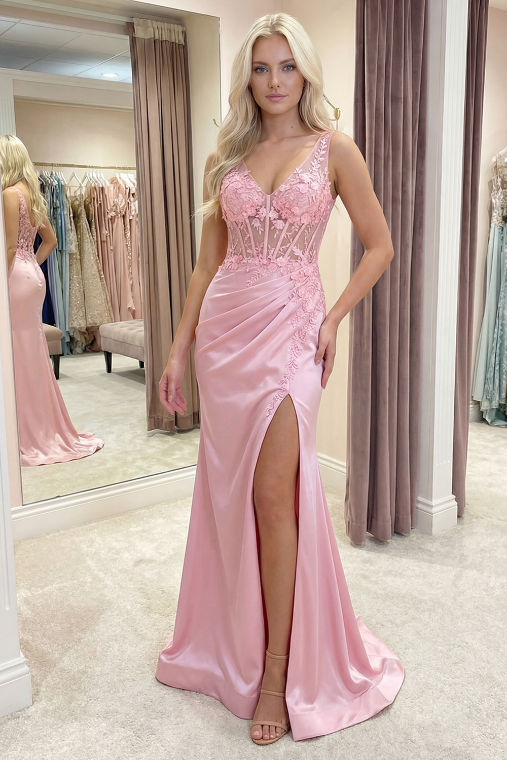 Pink Floral V-Neck Corset Ruched Mermaid Long Prom Dress with Slit
