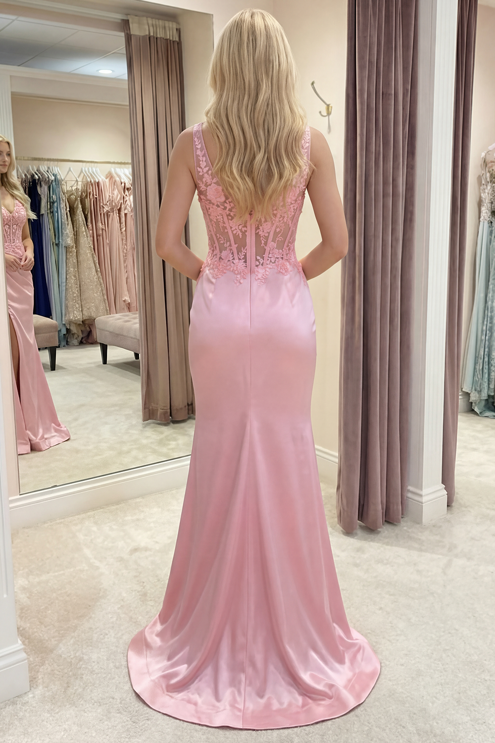 Pink Floral V-Neck Corset Ruched Mermaid Long Prom Dress with Slit