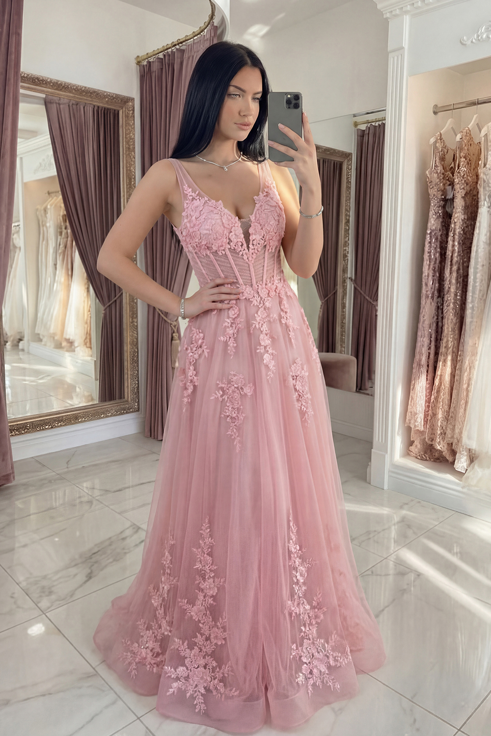 PinkLong Corset Floral A Line V-Neck Prom Dress