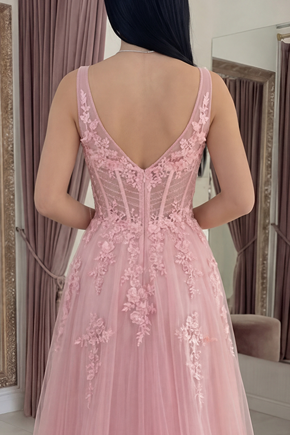 PinkLong Corset Floral A Line V-Neck Prom Dress