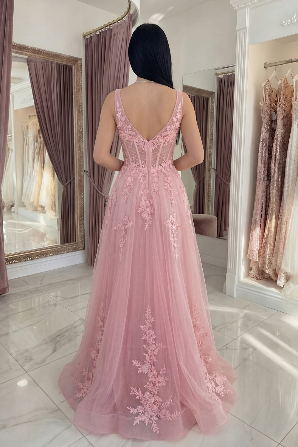 PinkLong Corset Floral A Line V-Neck Prom Dress