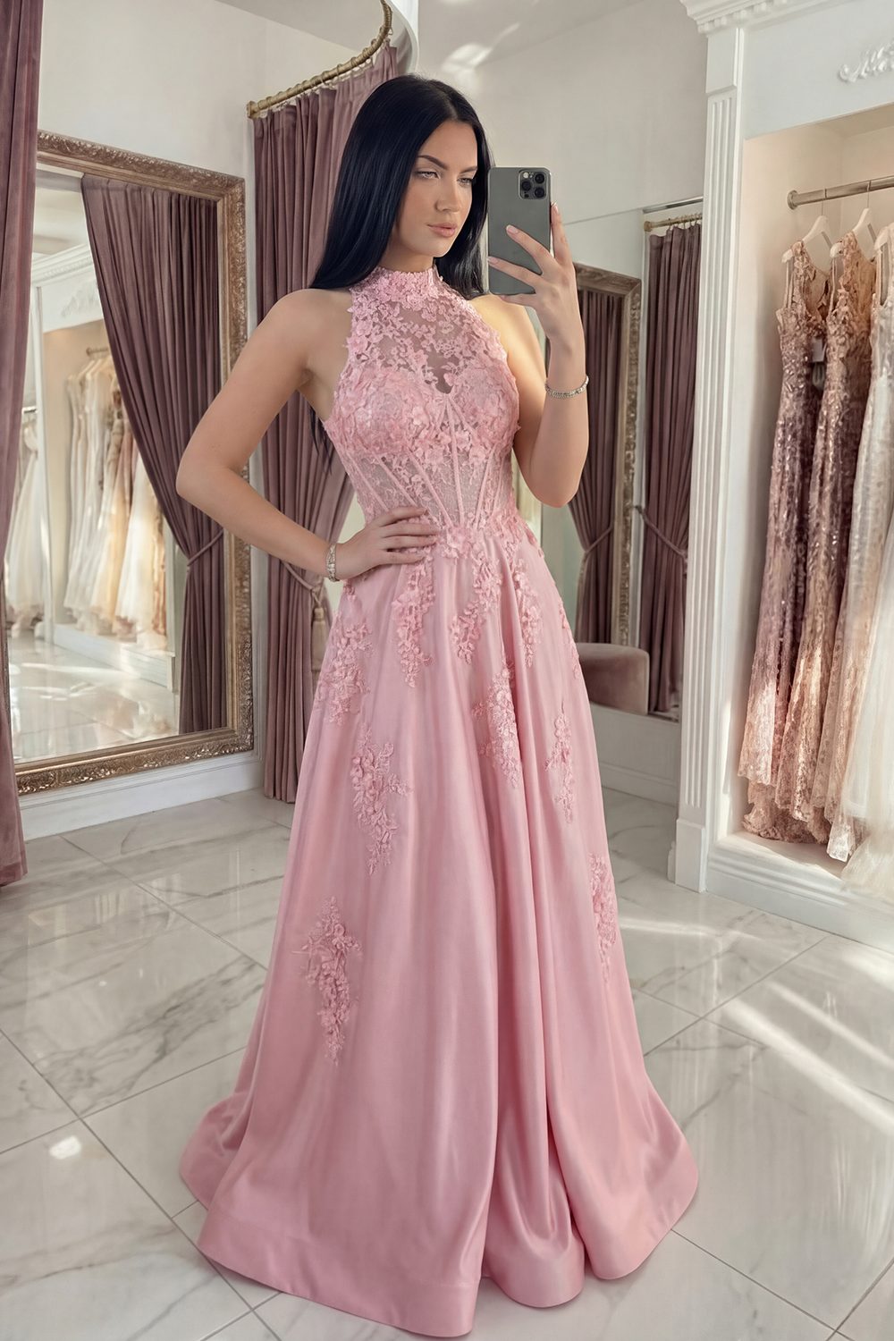 Floral Pink High Neck A Line Long Corset Prom Dress with Bow