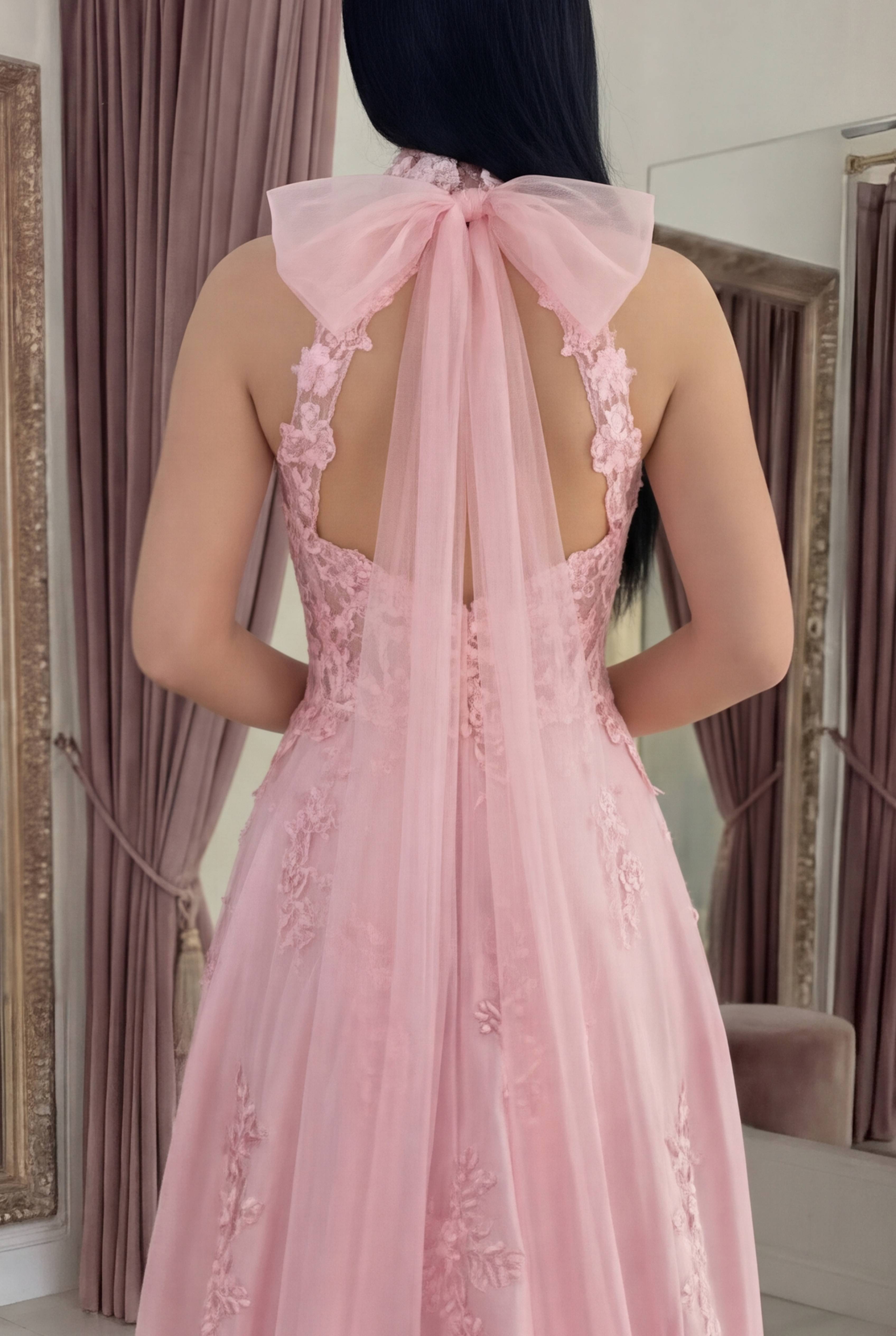 Floral Pink High Neck A Line Long Corset Prom Dress with Bow