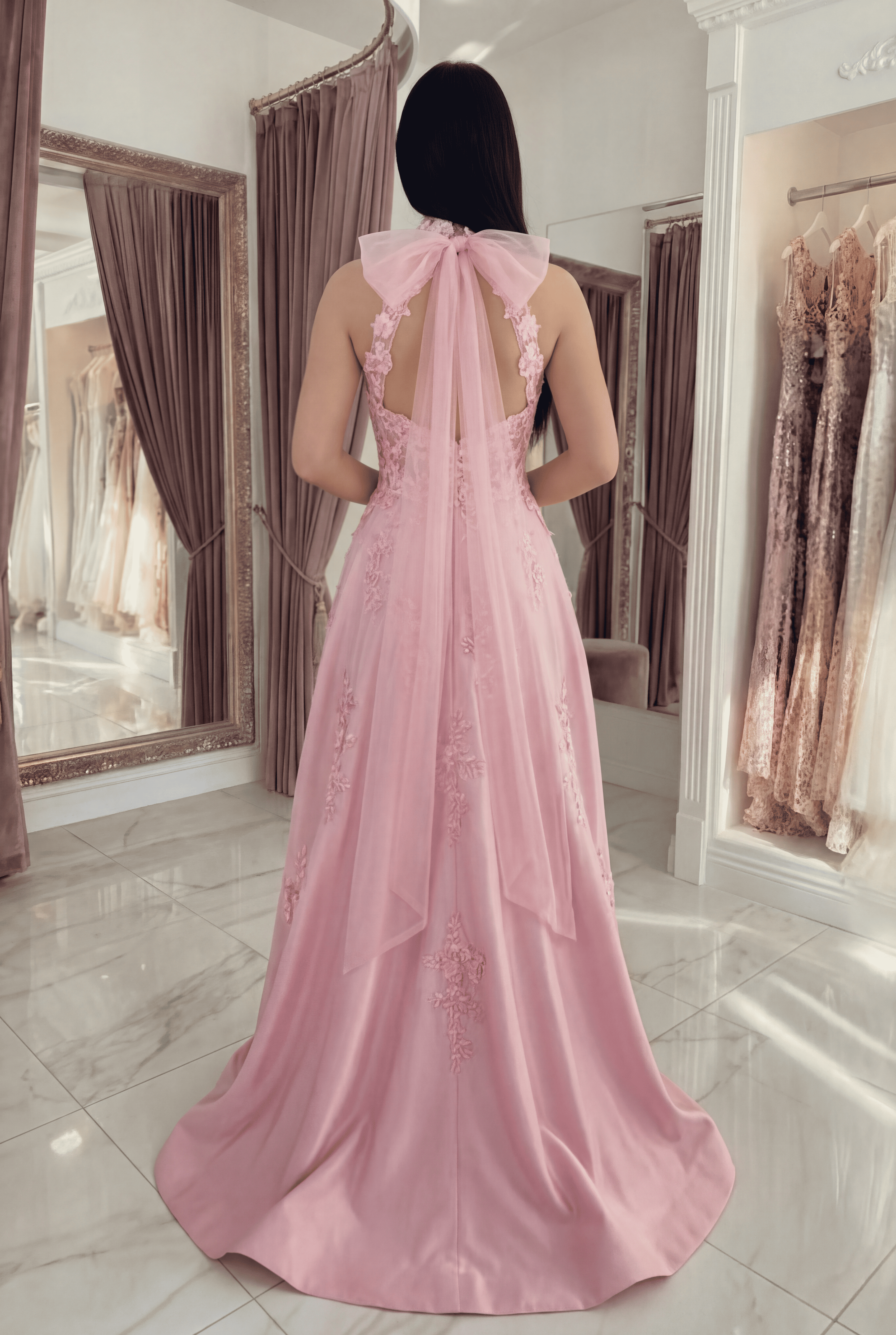 Floral Pink High Neck A Line Long Corset Prom Dress with Bow