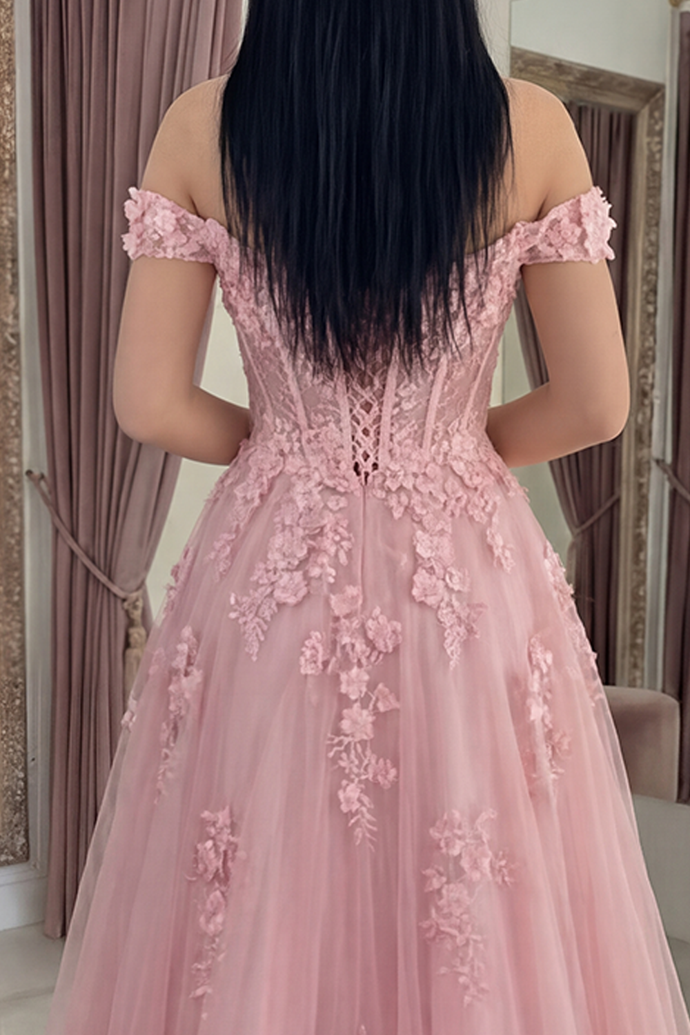 Pink Off the Shoulder A Line Floral Corset Long Prom Dress