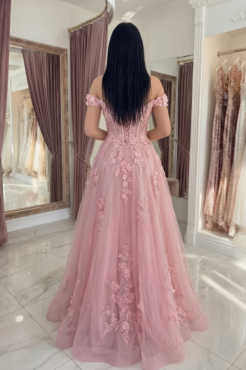 Pink Off the Shoulder A Line Floral Corset Long Prom Dress