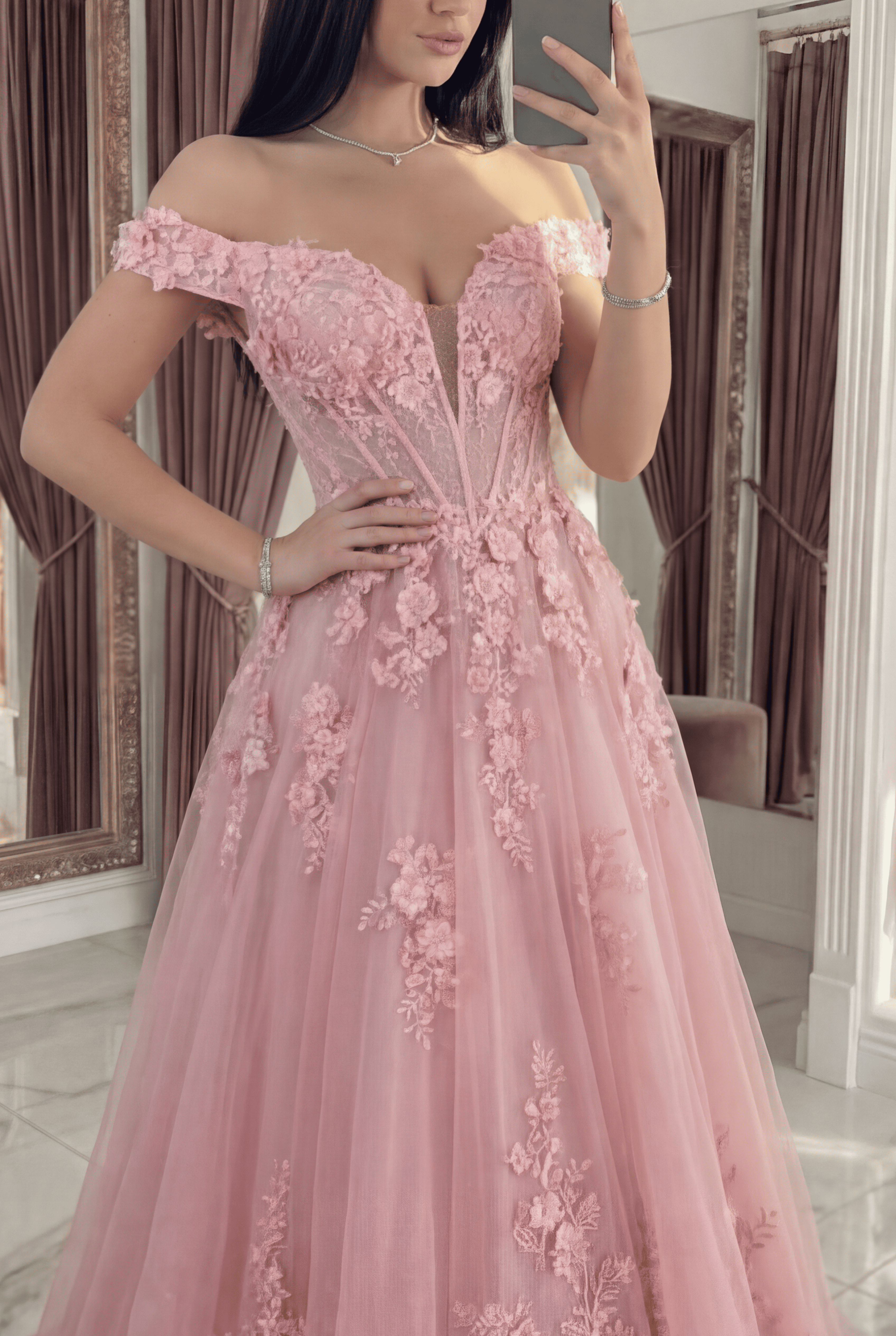 Pink Off the Shoulder A Line Floral Corset Long Prom Dress