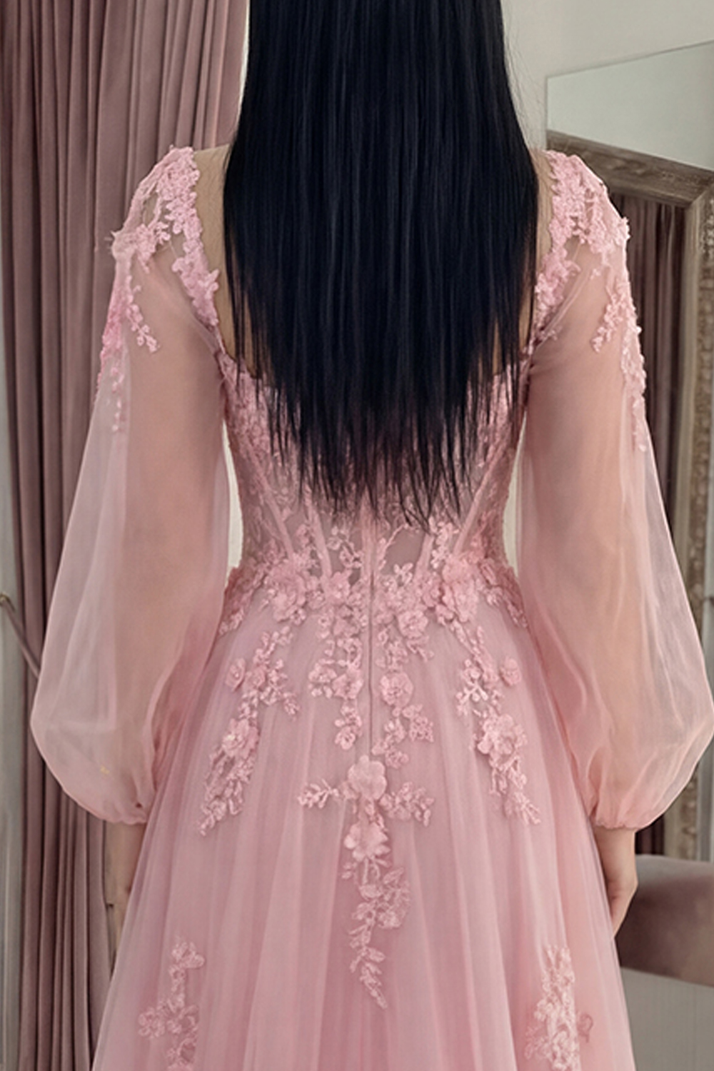Floral A Line Pink Tulle Long Corset Prom Dress with Sleeves