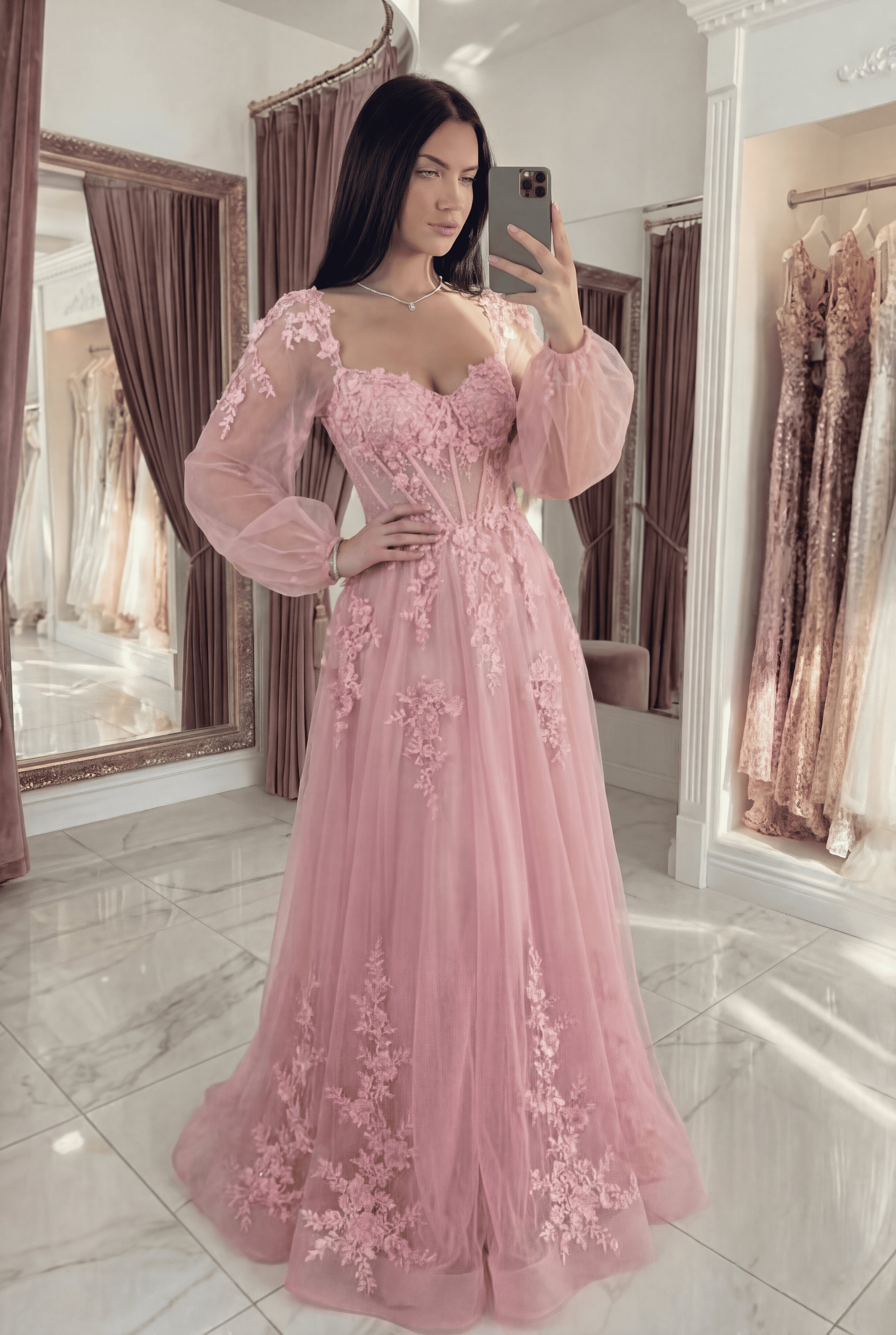 Floral A Line Pink Tulle Long Corset Prom Dress with Sleeves